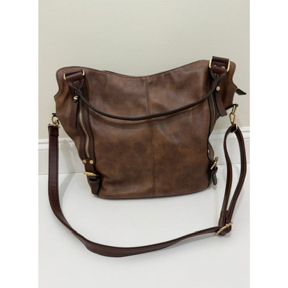 Vegan Leather Bucket Tote Crossbody Bag Brown Gold Hardware - Picture 3 of 8